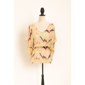 Parker 100% Silk Abstract Kimono Sleeve Blouse Elastic Waist Size XS